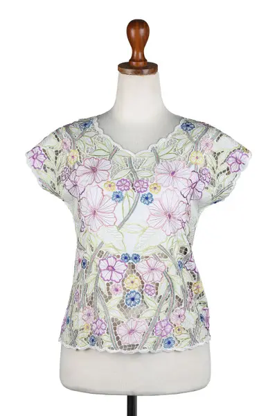 Colorful Floral Embroidered Rayon Blouse from Bali
