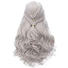 Fantasy Dragon Queen Long Wavy Silver White Braided Cosplay Halloween Wig