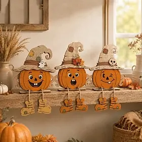 3-Pack Fall Wooden Tabletop Signs with Stands, Rustic Autumn Decorative Plaques for Thanksgiving and Halloween, Farmhouse Desktop Decorations for Home, Office