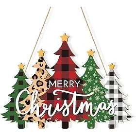 Wooden Christmas Tree Door Wreath for Front Door Sign Wall Signs, Merry Christmas Sign Black White Buffalo Plaid Welcome Hanging for Home Wall Decor Xmas Party