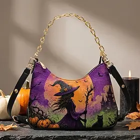Women's Faux Leather Halloween Witch Print Chain Shoulder Bag, Adjustable Strap Hobo Crossbody Purse, Multi-Way Carry Handbag for Halloween Party, Fall Outfits