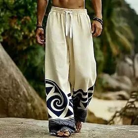 Men's Geometric Ethnic Abstract Art Trousers Casual Pants Baggy Pants Mid Waist Boho Vintage Retro Home Outdoor Vacation Elastic Drawstring Waist Linen-Like Pa