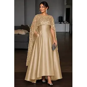 A-Line High-low Dress Floor Length Evening Gown Elegant Sparkle Empire Waist Evening Half Sleeve Scoop Neck Cocktail Wedding Satin with Lace Glitter Beaded